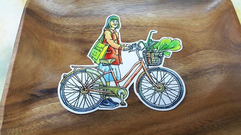 ボニー水彩塗装自転車ステッカー「自転車少女」 - シール - 紙 多色
