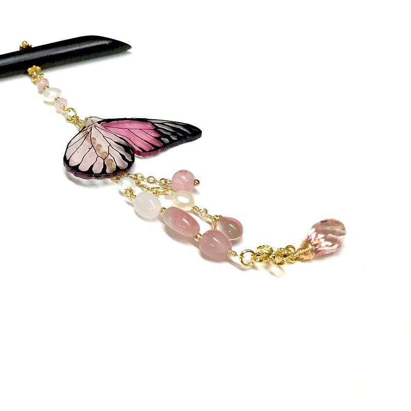 [Butterfly Memory VI] Birch Butterfly-Pink. Hand-painted butterfly resin hairpin. Natural pearl/pink crystal. - เครื่องประดับผม - เครื่องเพชรพลอย สึชมพู