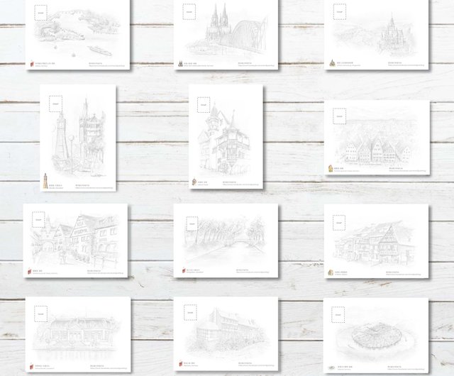 ドイツとフランスを旅する-淡い色の記念ポストカードセット - ショップ