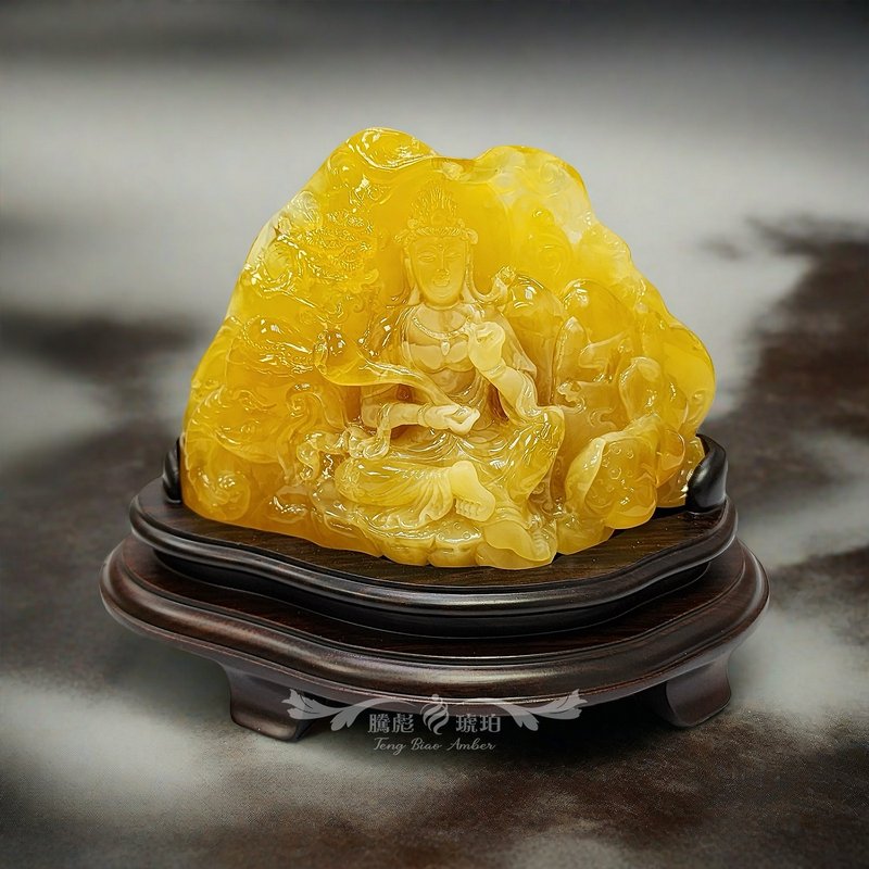 Teng Biao Amber Natural Beeswax Large Block Puxian Bodhisattva Ornament Carved by Master Liu Boqing with Ebony Base - Items for Display - Semi-Precious Stones Yellow