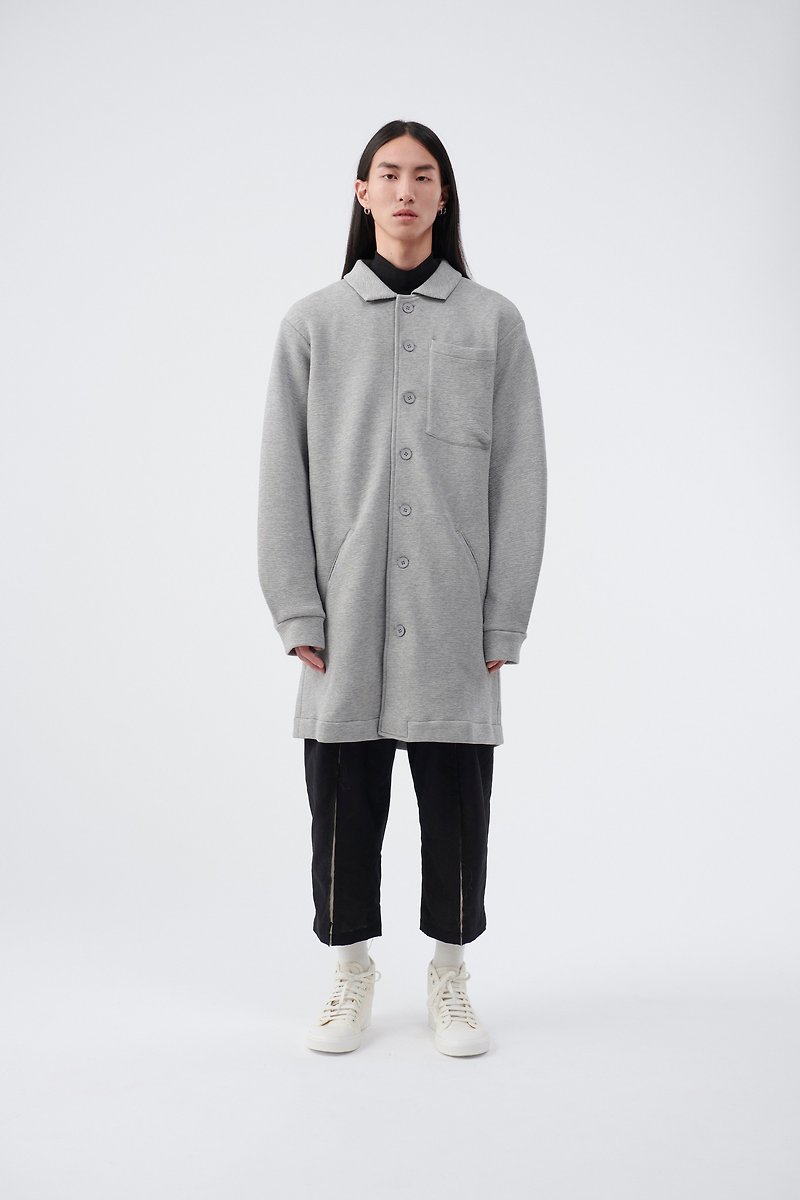 TRAN - Knit Long Coat-Gray - เสื้อโค้ทผู้ชาย - ผ้าฝ้าย/ผ้าลินิน สีเทา