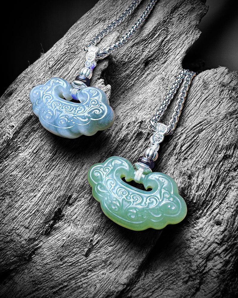 和田煙青&青玉 雲紋玉鎖 銀製吊墜 - 項鍊 - 玉石 