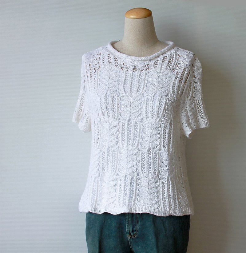 All Over Cutout Knit Floral White Blouse - Women's Sweaters - Cotton & Hemp White