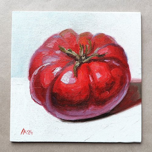 AlbinaBeadArt Tomato painting original oil art still life 15 by 15 cm