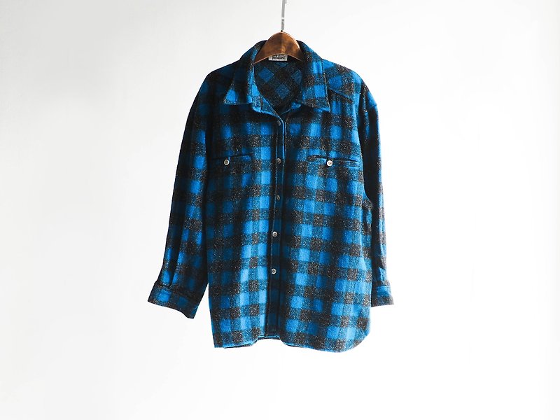 河水山 - 長崎的土耳其藍天空格紋烈陽 燈芯絨古董襯衫外套 古著 中性 shirt oversize vintage - 恤衫 - 羊毛 藍色