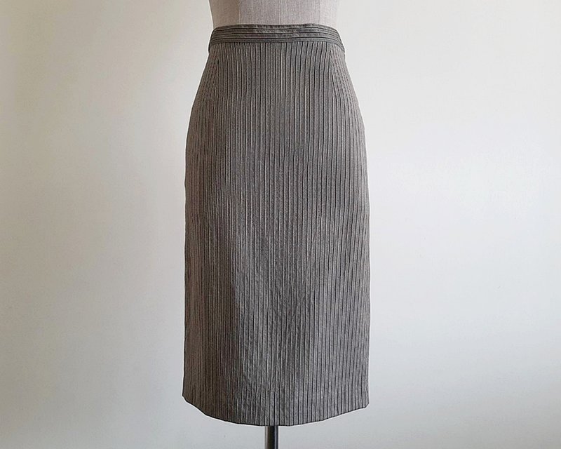KRIZIA POI Vintage Brown Gray Striped Skirt Womens Wool Pencil Knee Length XXS - กระโปรง - วัสดุอื่นๆ สีนำ้ตาล
