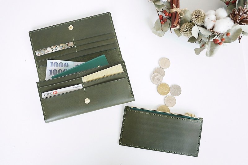 橄欖綠極簡長夾12卡丨零錢袋可拆 客製打字丨女用錢包丨紀念禮物 - 長短皮夾/錢包 - 真皮 綠色