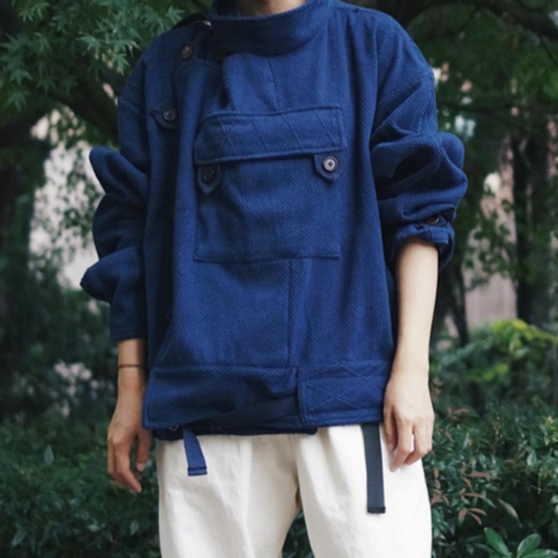 靛藍色 植物染劍道服 男女同款 60年代 經典摩托車兵 工裝騎行服 - 女大衣/外套 - 棉．麻 藍色