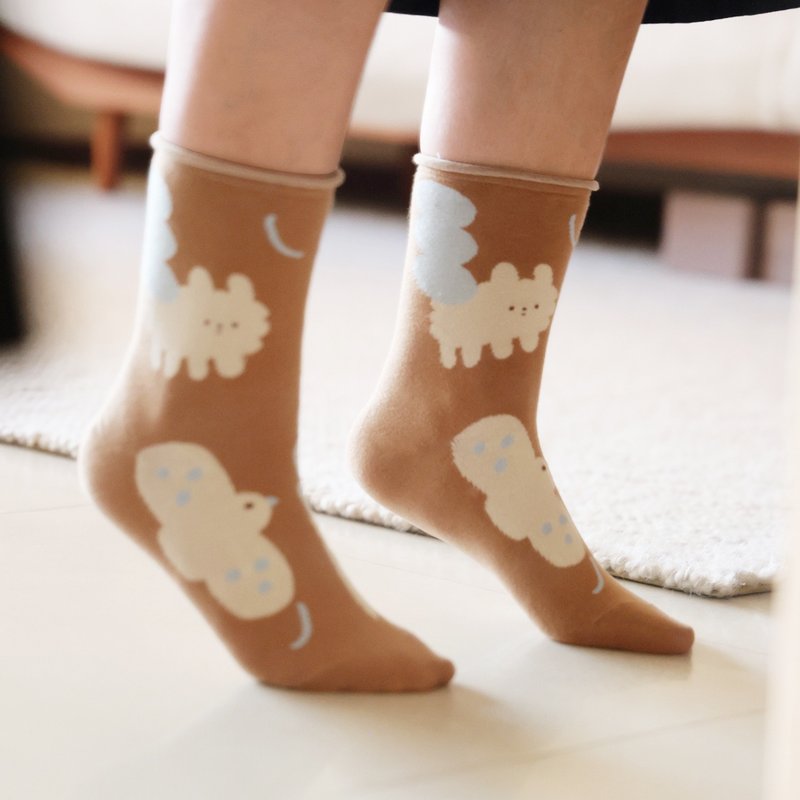Bird and Cloud – Brown - Yohand Socks - ถุงเท้า - ผ้าฝ้าย/ผ้าลินิน สีนำ้ตาล