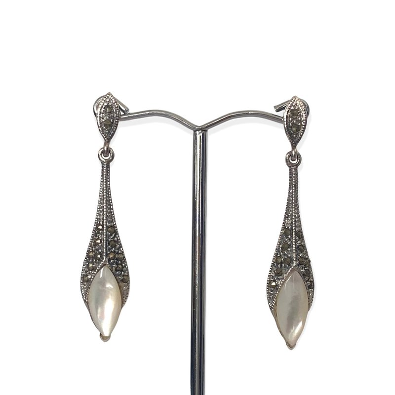 Art Deco Style Long Drop Earrings Mother of Pearl&Marcasite 925 Sterling Silver - Earrings & Clip-ons - Sterling Silver White