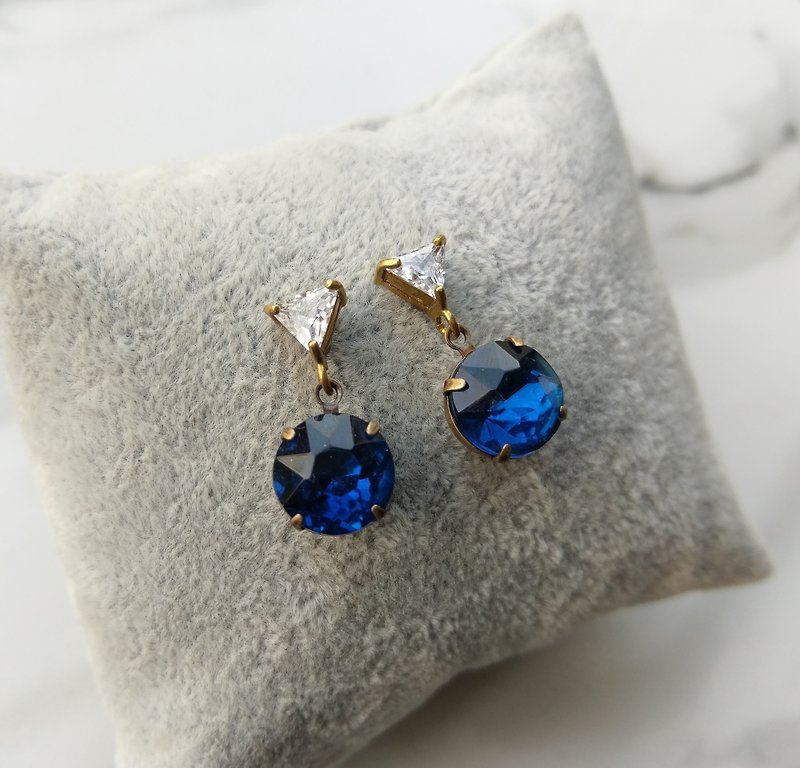 深藍玻璃三角鋯石針式耳環 - 耳環/耳夾 - 其他金屬 