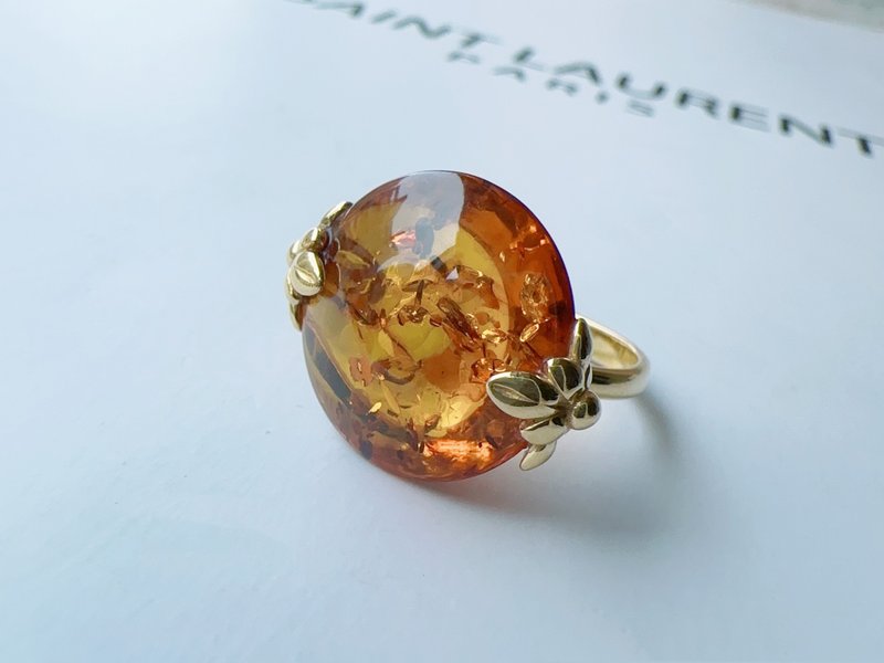 Natural Amber Baltic Caramel Amber Flower Sterling Silver Ring Elegant Gold Design Model Tanabata Love - General Rings - Sterling Silver 