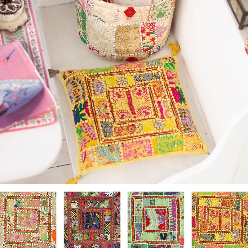【預訂】印度製 刺繡隨機拼布方形坐墊 - 枕頭/抱枕 - 棉．麻 黃色