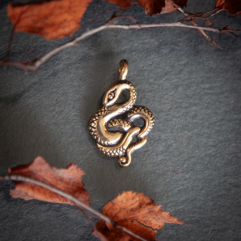 Snake pendant on leather cord. Handcrafted necklace. Serpent jewelry. Present - สร้อยคอ - โลหะ สีส้ม