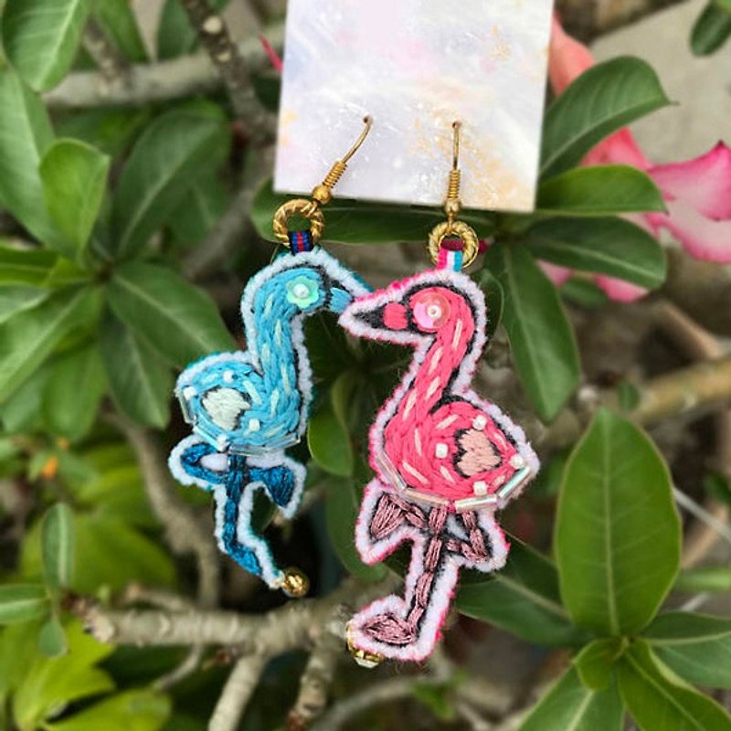 Koko Loves Dessert // I sell my youth to you-flamingo/blue crane earrings - Earrings & Clip-ons - Thread Pink