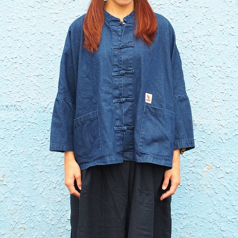 Maverick Village Handmade Denim Jacket Chinese Wide Sleeve Blouse [Ancient and Modern Fashion] C-17 Limited Edition - Women's Casual & Functional Jackets - Cotton & Hemp Blue