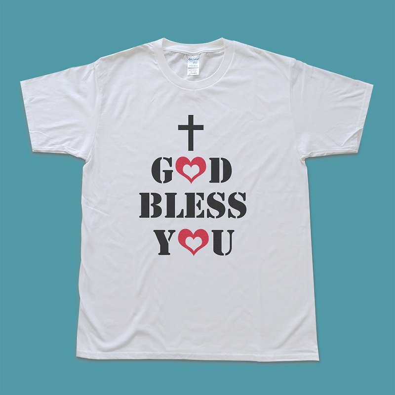 Cotton T-shirt_Gospel_god bless you - เสื้อยืดผู้ชาย - ผ้าฝ้าย/ผ้าลินิน ขาว