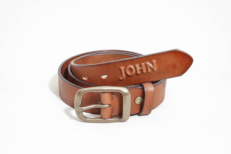 Genuine Leather Belt Embossed Name Customized Italian Vegetable Tanned Leather Gift - เข็มขัด - หนังแท้ สีนำ้ตาล