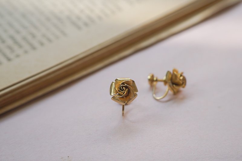 1960s American antique brand corocraft 14k gold rose earplug ear clip - ต่างหู - โลหะ สีทอง