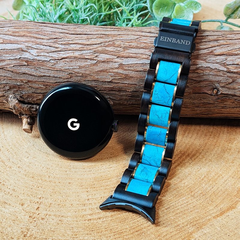 【木製バンド】Google Pixel Watch 天然木バンド ターコイズ×サンダルウッド - 女錶 - 木頭 黑色