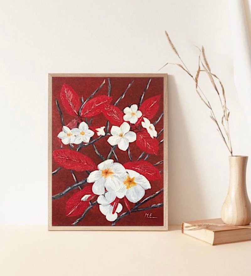 Frangipani flowers, Original painting, Asian art, Original art, Abstract flowers - ตกแต่งผนัง - วัสดุอื่นๆ สีแดง