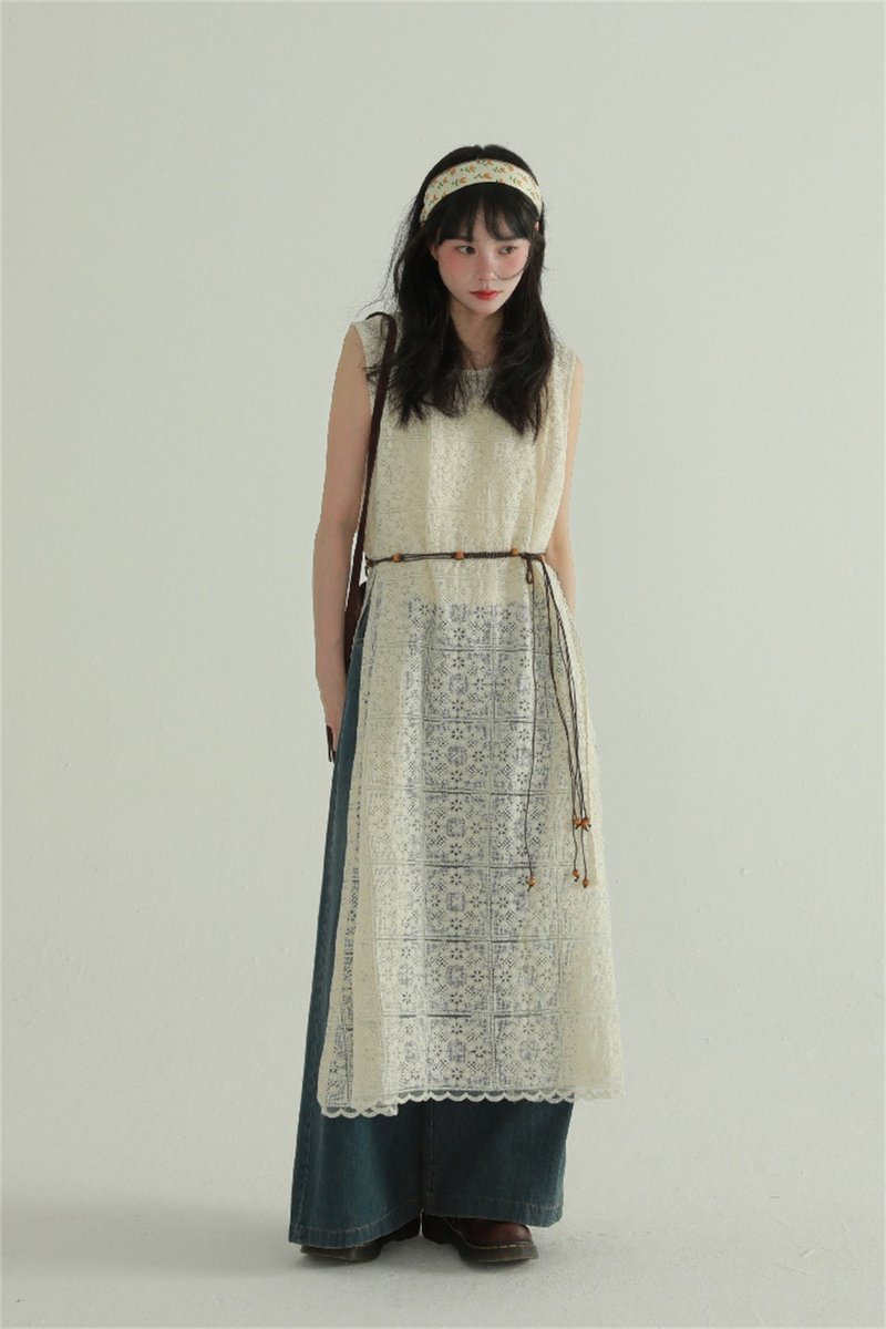 Square flower with belt Japanese style hollow vest dress flower dress can be worn without any clothes - One Piece Dresses - Other Man-Made Fibers White