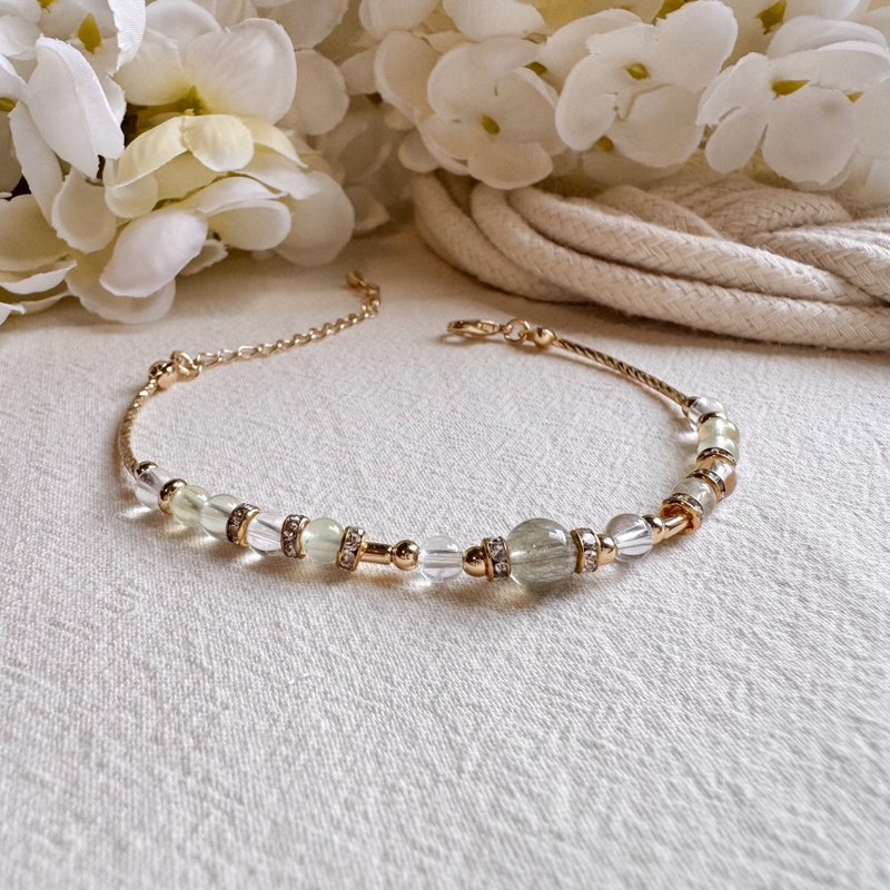 處女座水晶手鍊手環 | 綠髮晶 葡萄石 白水晶 | 十二星座守護石 - 手鍊/手環 - 寶石 綠色