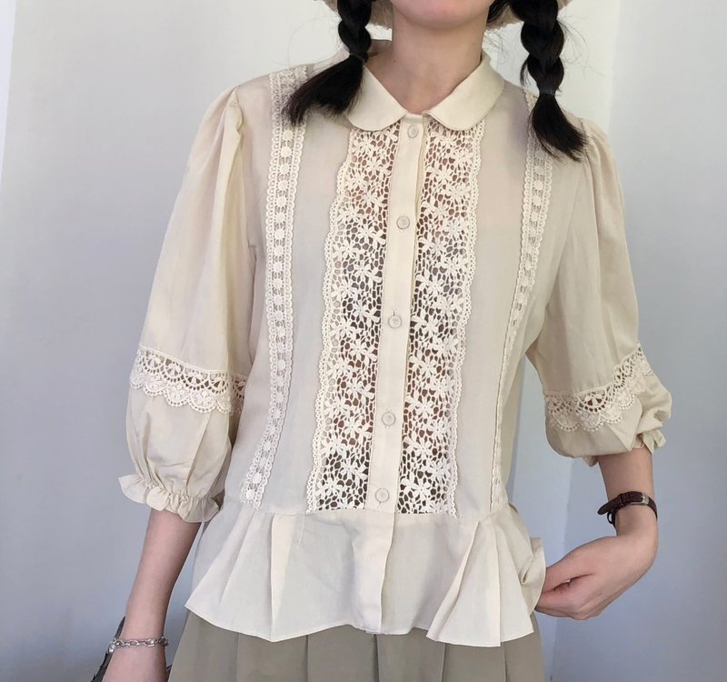 【翻領燈籠】日系復古/蕾絲花邊/寬鬆燈籠袖襯衫 - 女裝恤衫 - 棉．麻 白色