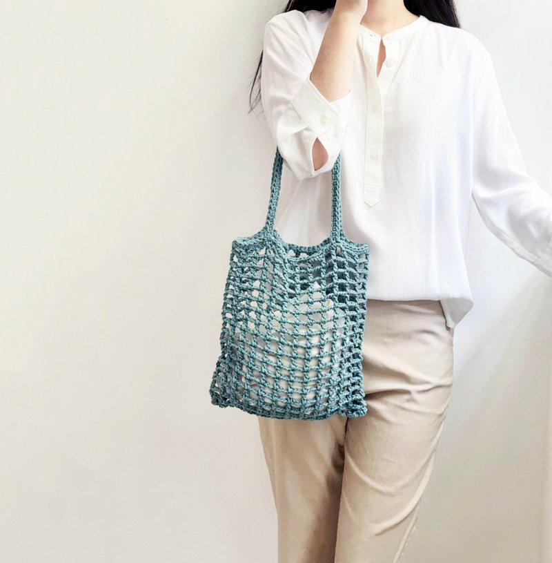 輕巧方格台灣手工鉤織包 /多色可訂製 棉 簍空編織包肩背手提袋 - 側背包/斜孭袋 - 棉．麻 藍色
