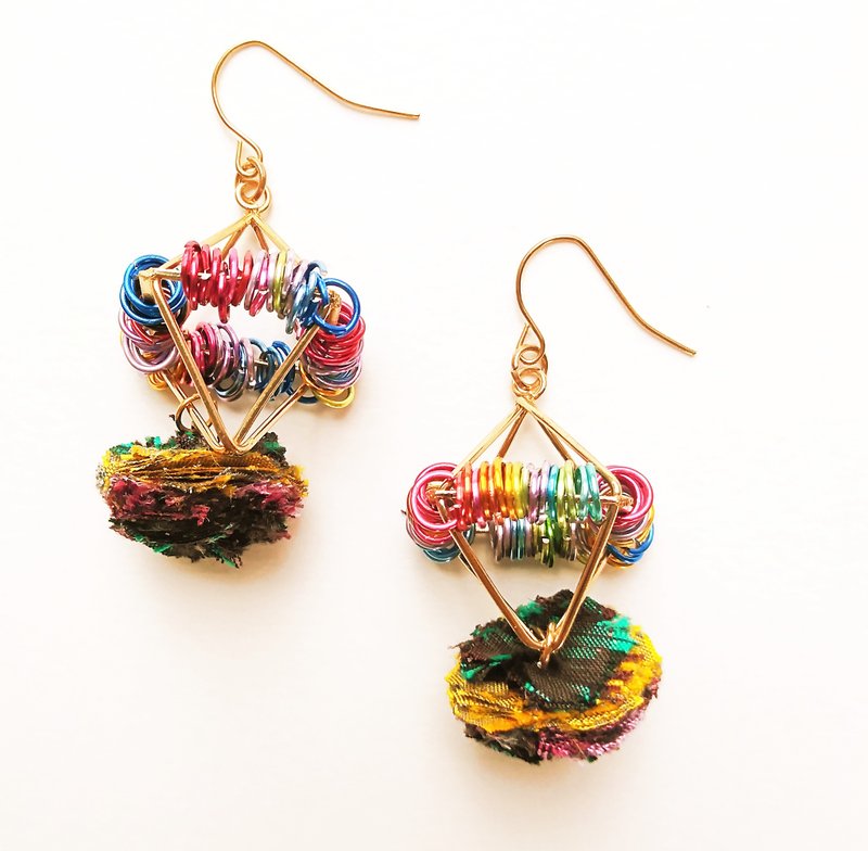 Handmade, One-of-a-kind Earrings from Upcycled silk and Clay beads - Earrings & Clip-ons - Pottery 