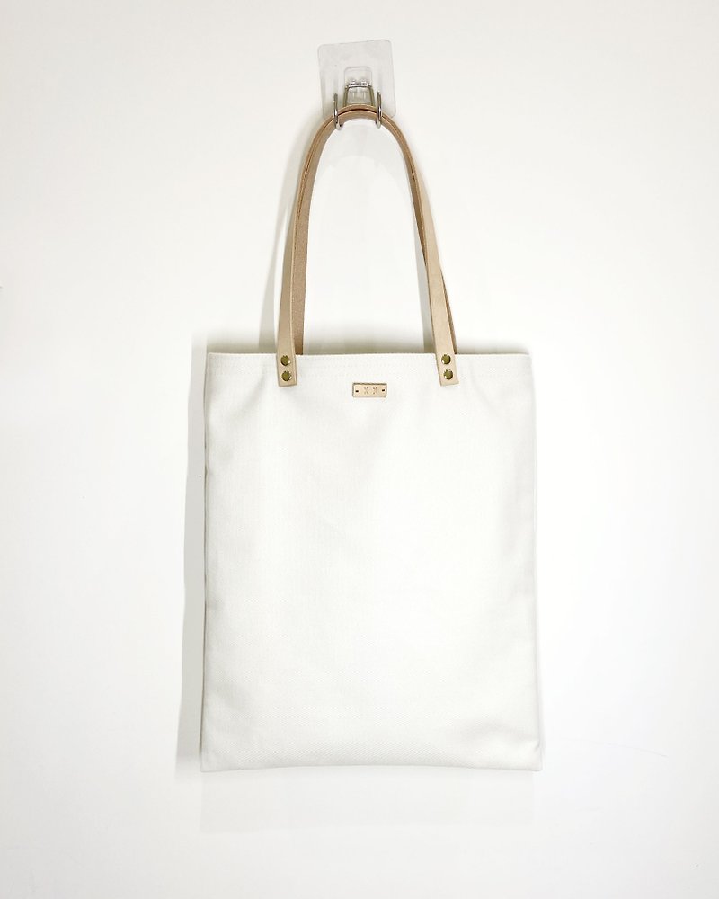 Simple Canvas Shopping Bag Leather Strap#92 - กระเป๋าถือ - ผ้าฝ้าย/ผ้าลินิน ขาว