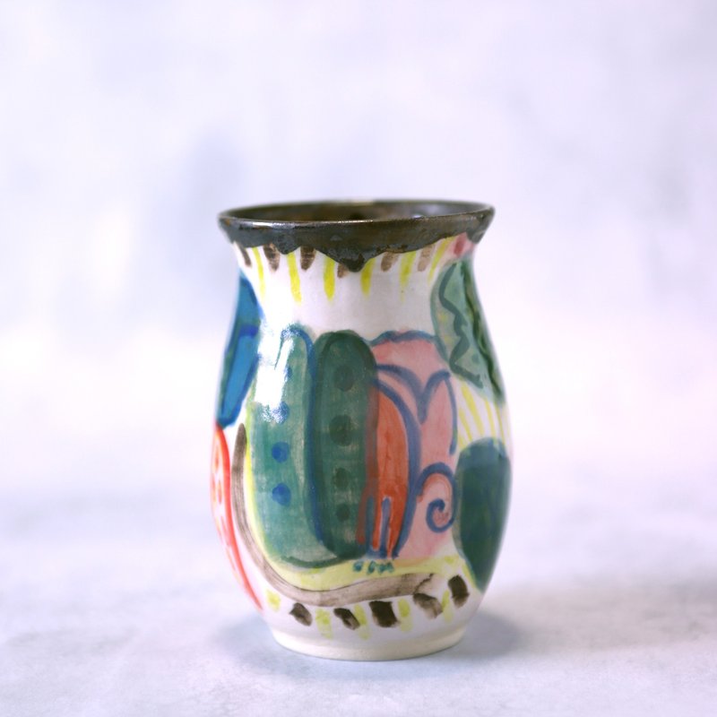 田園風景の手描きデザイン花器 - 花瓶/花器 - 陶 多色