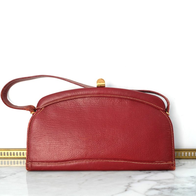 French Vintage Burgundy Genuine Leather Handbag - กระเป๋าถือ - หนังแท้ สีแดง