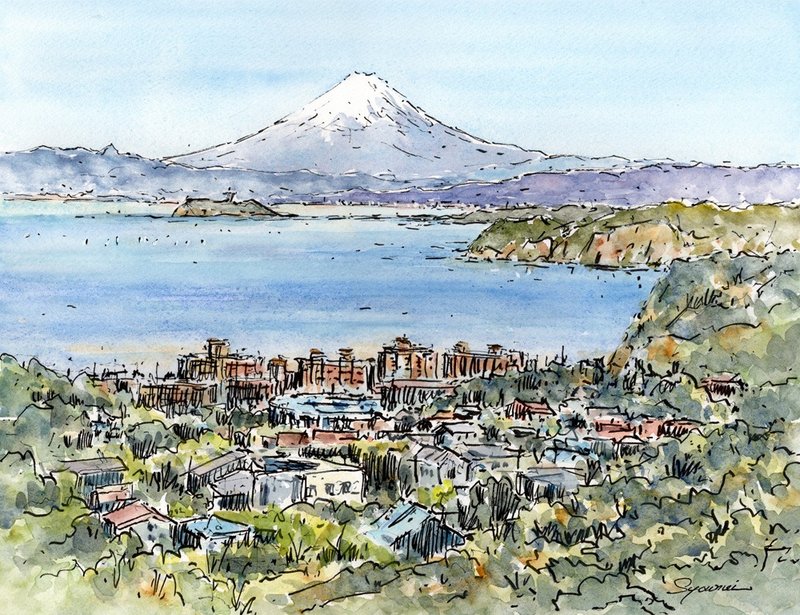 水彩畫原畫 披露山からの富士山 - 海報/掛畫 - 紙 藍色