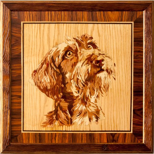Woodins Fox terrier Dog portrait inlay framed mosaic wood panel ready to hang home wall