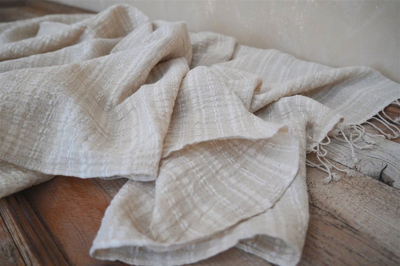 Pure and undyed #114//Antique wrinkled shape rough brown Linen home scarf·shawl - Knit Scarves & Wraps - Cotton & Hemp White