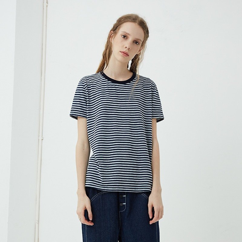 Rib collar yarn-dyed denim striped t-shirt - Women's T-Shirts - Cotton & Hemp Blue