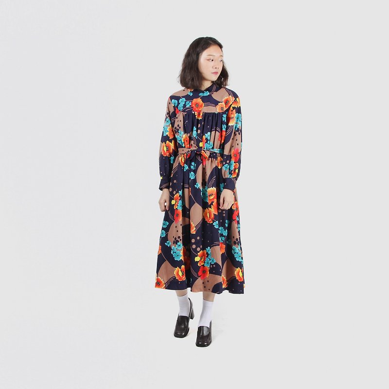 [Egg Plant Vintage] Ocean Flow Applique Print Vintage Dress - ชุดเดรส - เส้นใยสังเคราะห์ หลากหลายสี