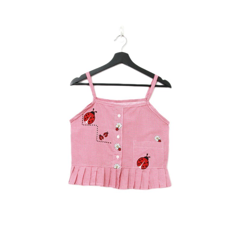 Back to Green-再製刺繡背心 紅白格紋 瓢蟲  sv-23/vintage vest - 背心/無袖上衣 - 棉．麻 