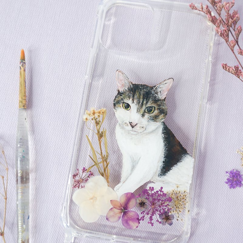 客製化手繪寵物押花手機殼 | 貓貓 - 手機殼/手機套 - 植物．花 紫色