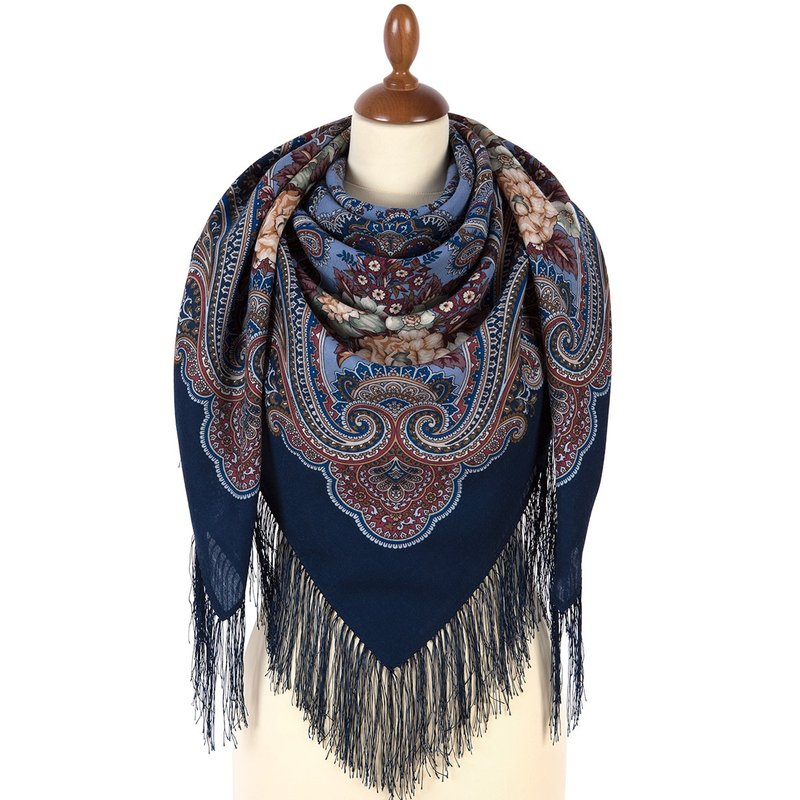 Pavlovo Posad Russian Shawl 100% Wool Scarf 125x125 cm Wrap Silk Fringe 1897-14 - 絲巾 - 羊毛 藍色