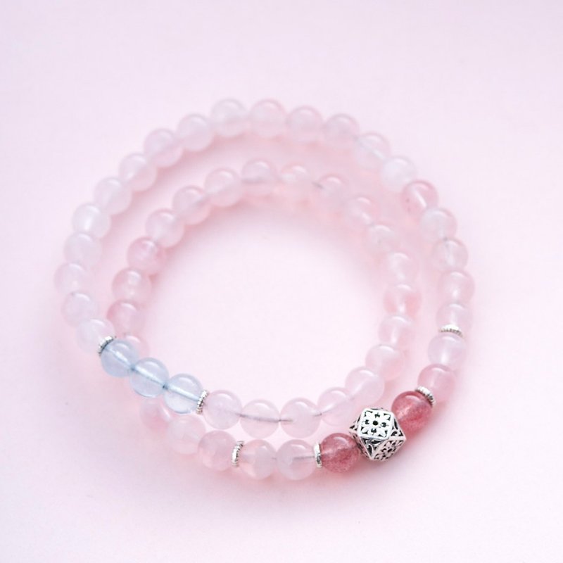 Rose Quartz,  Aquamarine, 925 Karen Hill Tribe Silver Findings Bracelet - Bracelets - Gemstone Pink