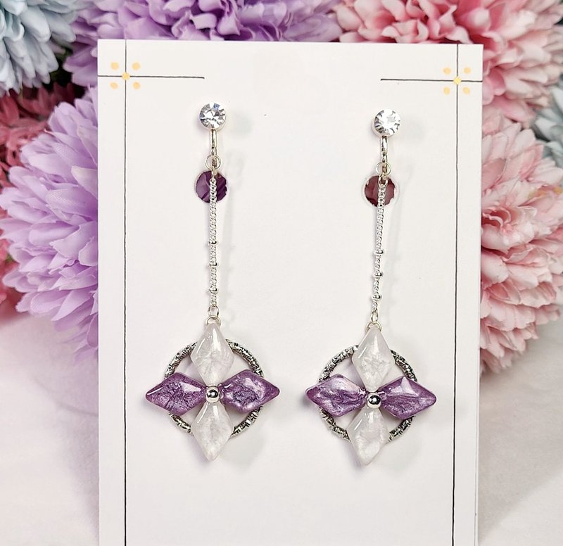 Crystal pattern dangle earrings/ Clip-On - Earrings & Clip-ons - Resin Purple