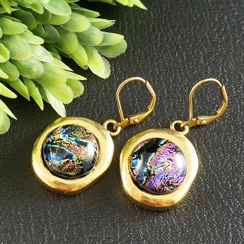 Dichroic Glass Cosmic Purple Black Large Round Golden Dangle Earrings Jewelry - 耳環/耳夾/耳骨夾 - 玻璃 紫色