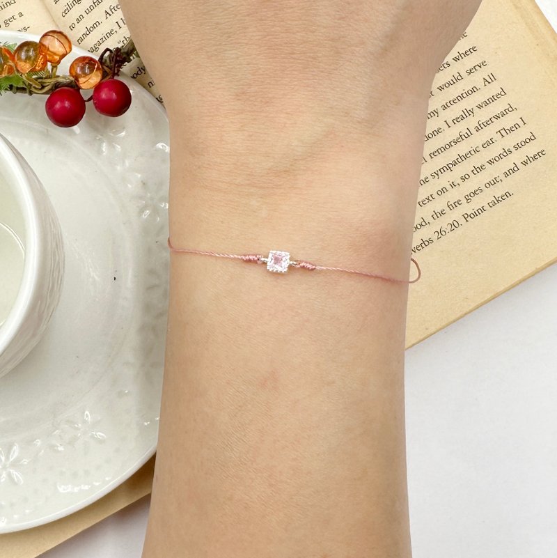 Sterling silver square diamond, pink diamond, classic temperament, happiness line, red line bracelet, best friend, marriage, popularity - สร้อยข้อมือ - เงินแท้ สึชมพู