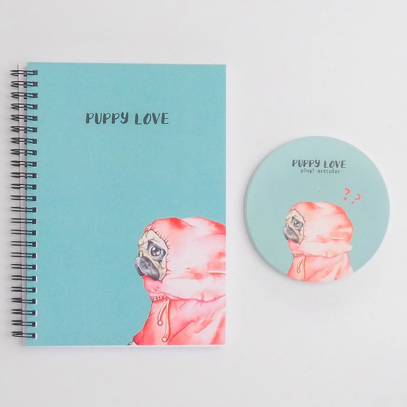 Pug A5 coil notebook + ceramic coaster sets パグPOPPY LOVE - Notebooks & Journals - Paper Blue