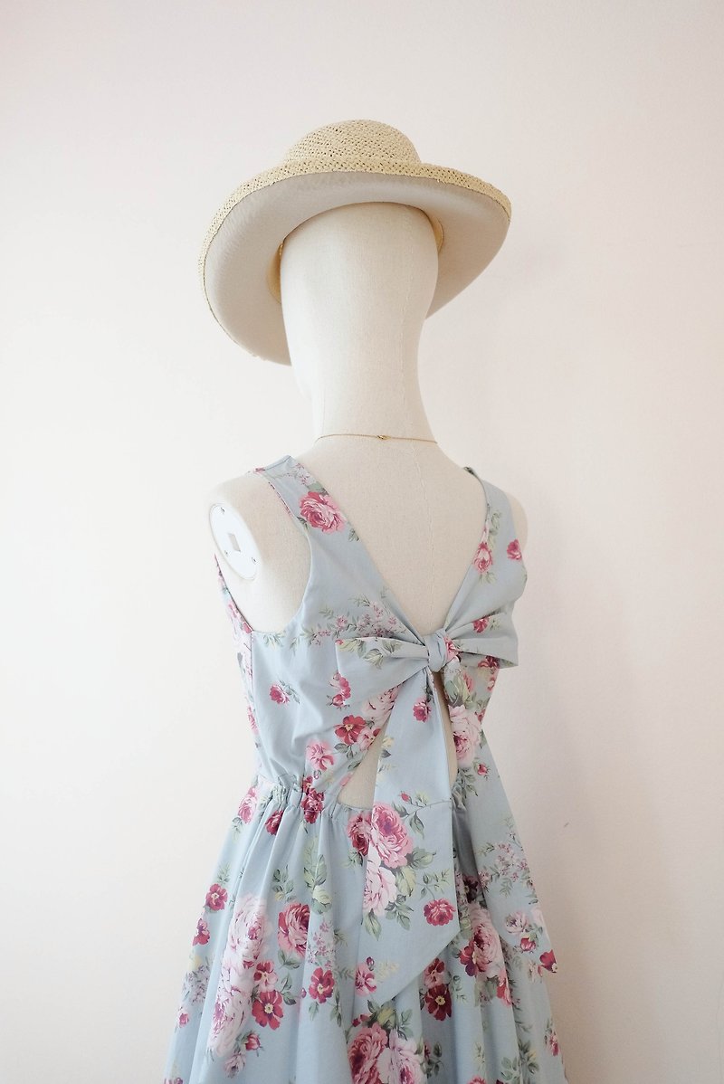 SALE  58% Blue dress sundress Floral party dress summer bow back dress - One Piece Dresses - Cotton & Hemp Blue