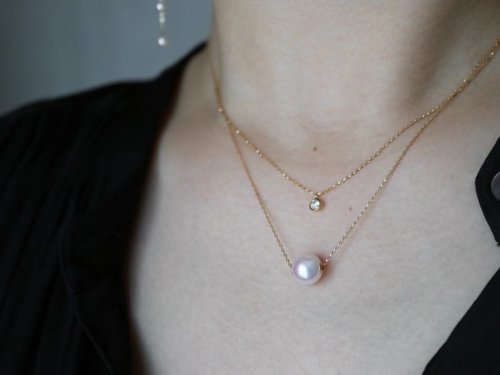 KOKO PEARL JEWELRY 日本製 akoya珍珠項鍊 18k金雙層項鍊 0.1ct鑽石吊墜 疊戴風格