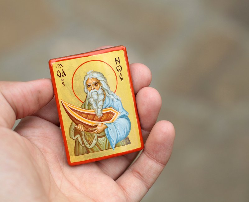 hand painted orthodox wood icon of Saint holy Prophet Noah pocket size miniature - 其他 - 木頭 藍色
