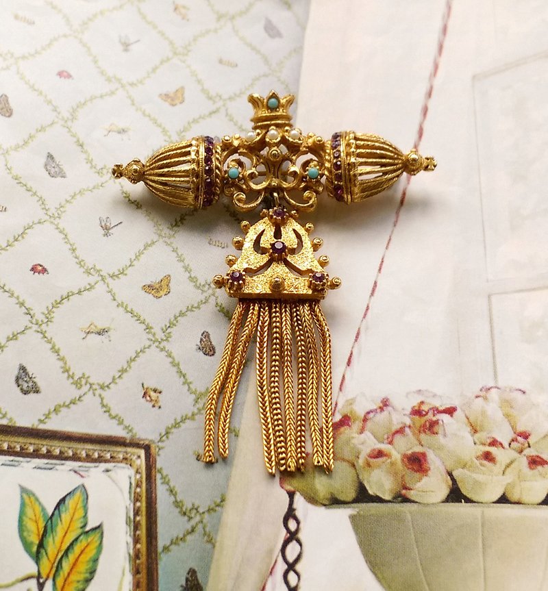 西洋古董飾品。FLORENZA 宮廷 小皇冠流蘇 別針 - 徽章/別針 - 其他金屬 金色
